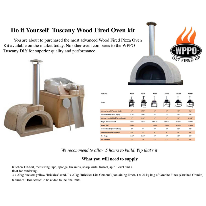 WPPO DIY Tuscany Wood-Fired Oven Kit, Includes Stainless Steel Flue & Black Door 50Dx39Wx25H WDIY-ADFUN