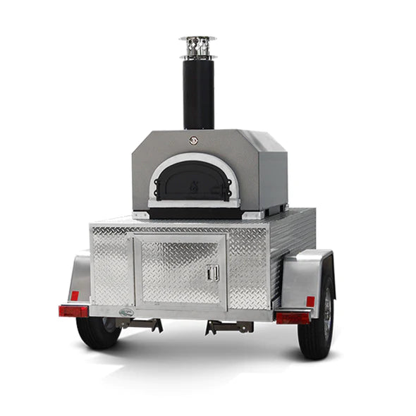 Chicago Brick Oven CBO-750 Tailgater Wood Fired Pizza Oven with Metal Insulating Hood on Custom-Built Aluminum 2-axle Trailer CBO-O-TAIL